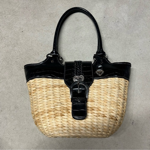 Source Unknown Handbags - Tan & Black Straw Woven Buckle Handbag Tote Basket Black Reptile Faux Leather